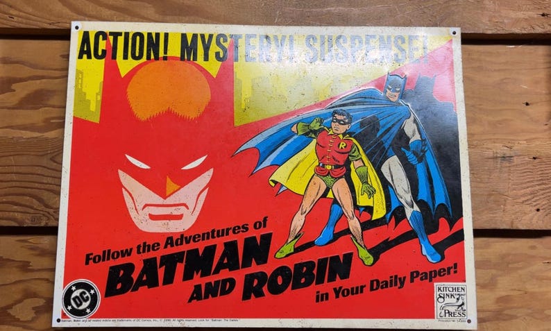 1990 DC Comics Batman & Robin Advertising Tin Sign by Kitchen Sink ...