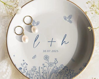 Personalized Engaged Jewelry Tray, Engagement Ring Dish, Blue Floral Engaged Ring Holder, Sentimental Gift for Bride,  Bridal Shower Gifts