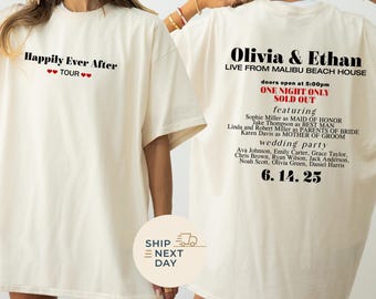 Personlig bröllops-T-shirt med slängtat hår, konsertaffisch för bröllopsturné, bröllopshelgmottagning, cocktailklubbsmerchandise