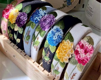 Customized Headband Hydrangea Hand Embroidered, Handmade Floral Hairband for Mom, Birthday Gift For Wife, Gifts for Sisters, Graduation Gift