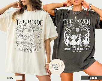 Personalisierte Gruselige Bach Party T-Shirts, Komfort Farben Witchy Bachelorette Shirts, Halloween Bach Merch, Coven Brautjungfer Geschenke