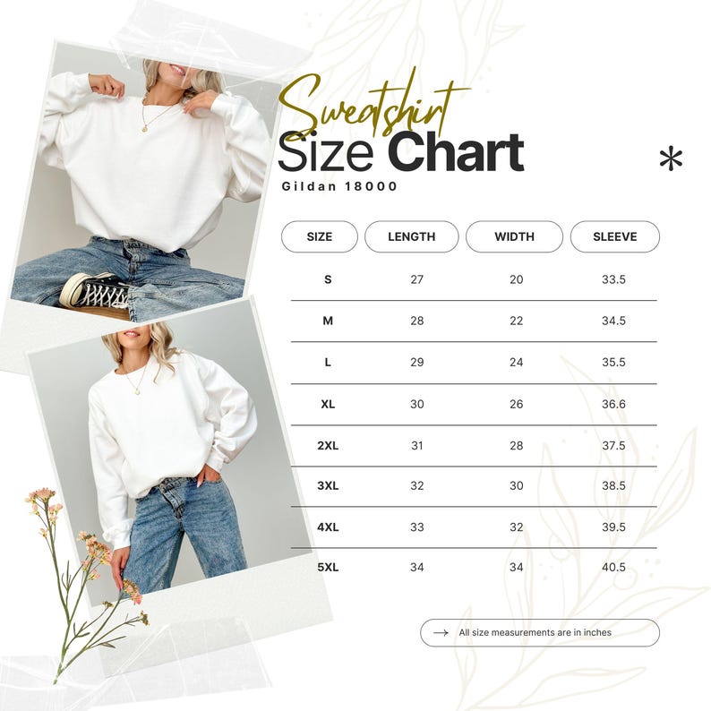 Op de afbeelding: Witte Gildan 18000 sweatshirt maattabel. De tabel geeft de maten S t/m 5XL weer, met afmetingen in inches voor lengte, breedte en mouwlengte. De afbeelding toont ook een persoon die het sweatshirt draagt.