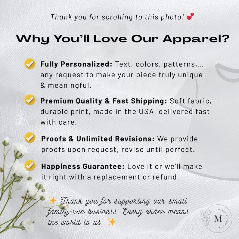 Op de afbeelding: Afbeelding met witte achtergrond en tekst: "Waarom u van onze kleding zult houden?" met details over personalisatie, kwaliteit, verzending, revisies en een tevredenheidsgarantie. Er is ook een bedankbericht opgenomen.