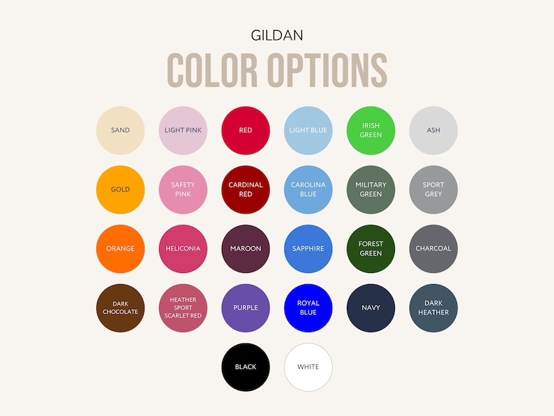 Op de afbeelding: Gildan kleurenkaart met diverse kleuropties, waaronder rood, blauw, groen en roze, elk gepresenteerd in een cirkel met de kleurnaam eronder.