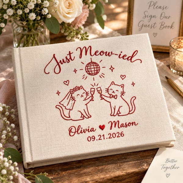 Livre d'or brodé à la main avec un chat personnalisé, livre d'or de mariage sur mesure, souvenir avec les noms des mariés, livre de mariage floral