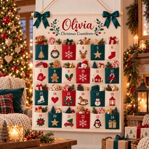Peut inclure: Un calendrier de l'Avent en tissu crème portant le nom Olivia, orné de nœuds vert foncé, de poches rouges et vertes numérotées de 1 à 24, et d'icônes festives comme des flocons de neige, des rennes et des bonshommes en pain d'épice.