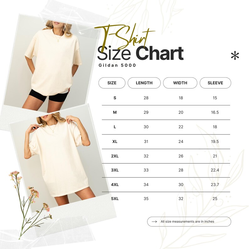 Op de afbeelding: Maattabel voor cr&egrave;mekleurige t-shirts voor Gildan 5000 shirts. De tabel bevat afmetingen voor de maten S tot en met 5XL, met lengte, breedte en mouwafmetingen in inches. De afbeelding toont ook een vrouw die het t-shirt draagt.