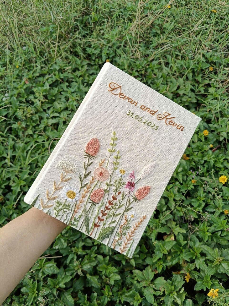 Personalized Notebook Wildflowers Hand-Embroidered, Custom Name Floral Diary for Mom, Fabric Hard Cover Journal, Handmade Wedding Guest Book