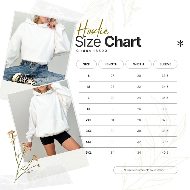Op de afbeelding: Witte hoodie met een maattabel. De tabel geeft maten S tot 5XL, met afmetingen in inches voor lengte, breedte en mouw. De hoodie is Gildan 18500.