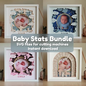 May include: Four square shadow box frames featuring layered paper cutouts of baby themes including animals, space, and arches. Each frame displays a central circular photo of a baby, with printed text showing 7:55, 15/09/2025, 3.5 kg, 51 cm, and names.
