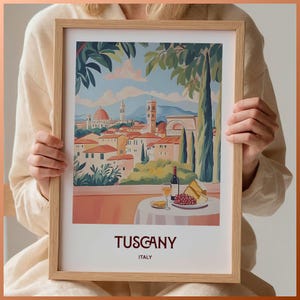 Toskana Reise Poster Italien Druck, Minimalistische toskanische Dekoration, Retro Wand Kunst, Pastell Stadtansicht Illustration, Mid Century Modern, C35-91