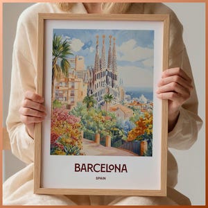 Póster de viaje de Barcelona, Parque Güell, España, arte mural, impresión minimalista moderna de mediados de siglo, decoración ecléctica, paisaje urbano retro, C35-215
