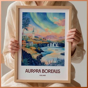 Nordlichter Art Print, Aurora Borealis Druck, Minimalistisches Reisedekor, Island Poster, Geschenk für Kunstliebhaber, C35-466