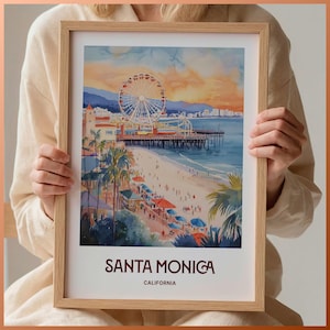 Santa Monica Druck, Kalifornien Stadt Skyline Kunst, Reiseplakat, minimalistisches Reiseplakat, Pastell Wanddekor, Housewarminggeschenk, USA Kunstwerk, C35-834