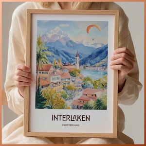 Póster de viaje de Interlaken, arte mural suizo, impresión minimalista de Interlaken, ilustración en pastel, arte urbano retro, C35-666