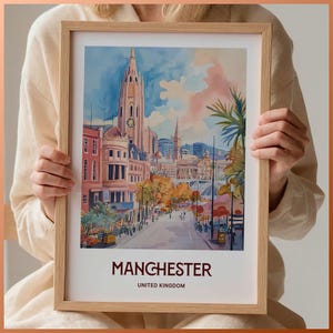 Manchester Reisedruck, Minimalistisches Poster, Kultige Stadtlandschaft, Benutzerdefinierter Text, Personalisiertes Geschenk, Pastelldekor, C35-168