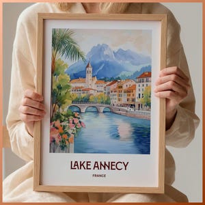 Lake Annecy Travel Print, Minimalist Wall Art, Pastel Cityscape Decor, Retro Travel Poster, Gift for Art Lovers, C35-500