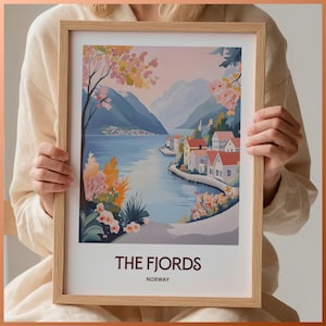 Fjorde Reise Poster, Norwegen Wandkunst, Minimalistischer Druck, Pastell Stadtbild Kunst, Retro Reise Dekor, Skandinavisches Wohndekor, C35-25
