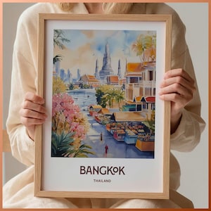 Bangkok Print, Floating Market Poster, Thailand Travel Art, Minimalist Cityscape, Housewarming Gift, Retro Illustration, C35-755