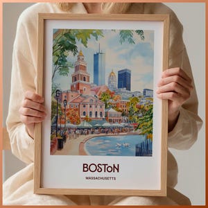 Boston Travel Print, Boston City Poster, Minimalist Skyline Art, Pastel Wall Art, Massachusetts Travel Decor, Retro Artwork, C35-555