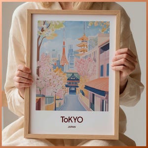 Impresión de viaje a Tokio, póster minimalista de Tokio, arte de paisaje urbano en colores pastel, texto personalizado, regalo de boda personalizado, regalo de cumpleaños, C35-26