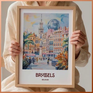 Impresión del horizonte de la ciudad de Bruselas, arte mural del Atomium, póster de viaje minimalista a Europa, decoración en tonos pastel, regalo de inauguración de la casa, regalo de cumpleaños, C35-571