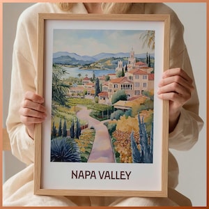 Napa Valley Poster, Kalifornien Wandkunst, Weinberg Druck, Minimalistische Kunst, Pastell Stadtansicht, Wein Dekor, Geschenk für Weinliebhaber, C35-421