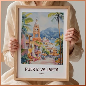 Impresión de póster turístico de Puerto Vallarta, arte mural minimalista, paisaje urbano en tonos pastel, decoración mexicana retro, impresión de Guadalajara, C35-655