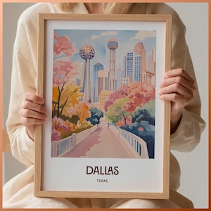 Dallas Reise Poster, Texas Wandkunst, Minimalistische Stadt Druck, Vintage Reise-Dekor, Mitte des Jahrhunderts moderne Kunst, Retro Wohndekor, C35-191