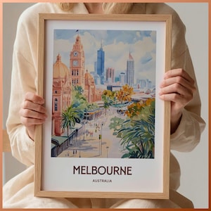 Impresión de viaje a Melbourne, arte de paisaje urbano de Australia, póster minimalista, texto personalizado, regalo personalizado, regalo de boda o cumpleaños, C35-318
