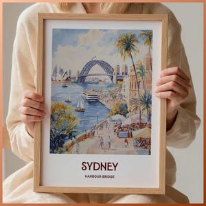 Sydney Harbour Bridge Print, Minimalist Wall Art, Pastel Cityscape, Australia Poster, Travel Decor, Gift for Art Lovers, C35-907