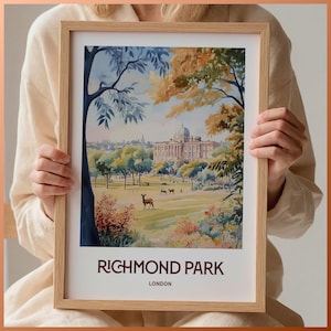 Impresión de Richmond Park, póster minimalista de Richmond, arte de ciervos pastel, paisaje londinense, ilustración de un parque británico, decoración de viaje retro, C35-803