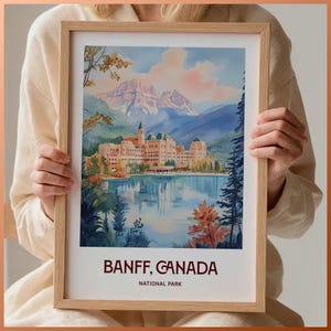 Impresión de viaje a Banff, póster de Canadá, arte minimalista, arte mural en tonos pastel, decoración de viaje vintage, regalo de boda, arte urbano, C35-422