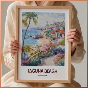 Impresión de Laguna Beach, California, póster de viaje minimalista, arte mural en tonos pastel, decoración costera, obra de arte de paisaje urbano retro, C35-840
