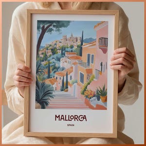 Mallorca Reise Poster, Mid Century moderne Wandkunst, Vintage Spanien Dekor, minimalistisches Stadtbild Kunstwerk, Retro Reisedruck, C35-209