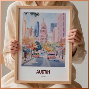 Austin Reise Poster, Texas Stadtbild, Retro Wanddekor, Mid Century Modern Kunstwerk, Maximalist Dekoration, C35-107