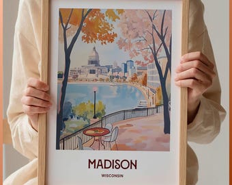 Madison Wisconsin Travel Poster Print Mid Century Modern Wall Art Minimalist Eclectic Decor Soft Colors Cityscape Art, C35-114