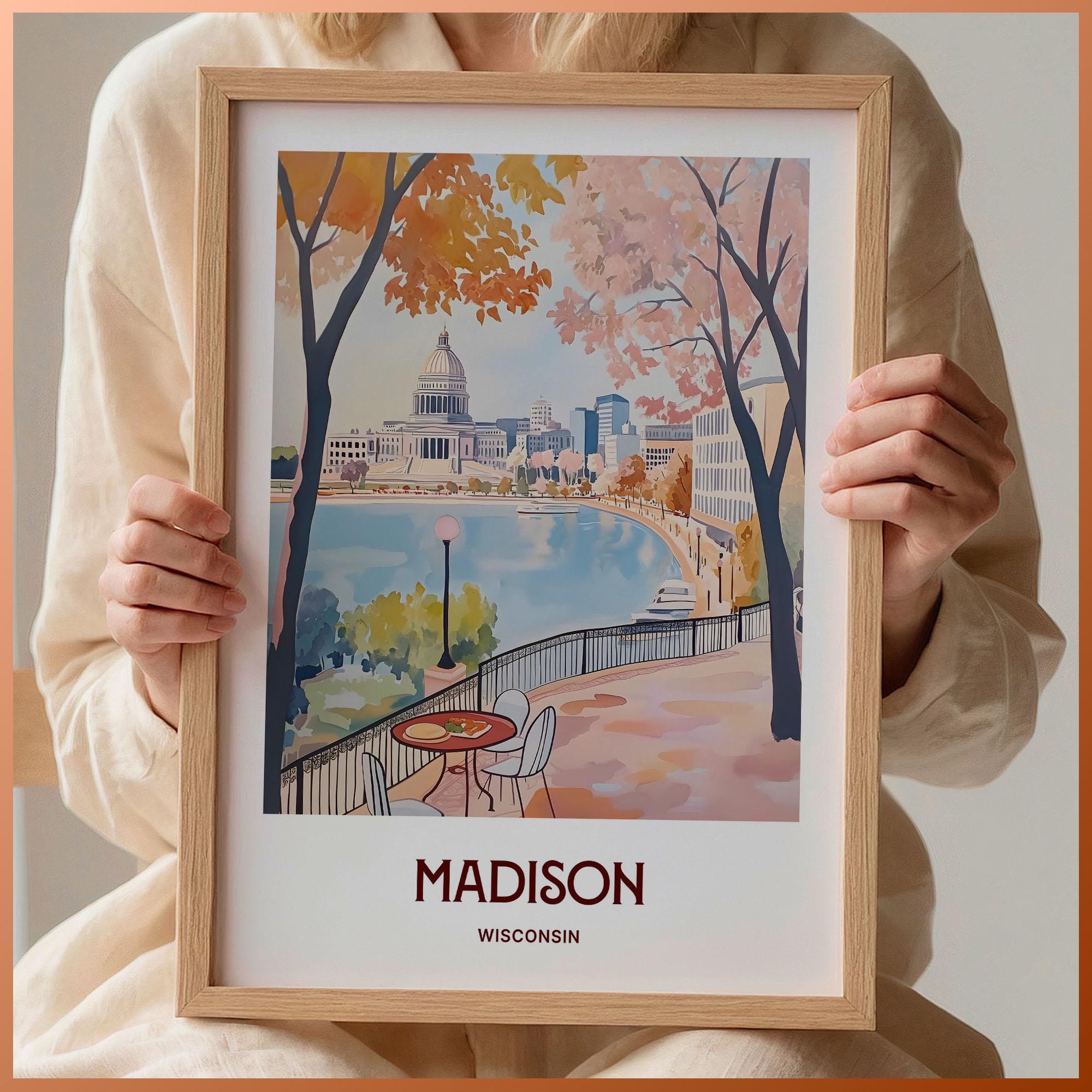 Madison Wisconsin Travel Poster: Mid-Century Modern Cityscape Art