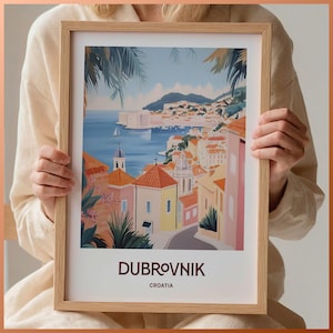 Dubrovnik Travel Print, Minimalist Wall Art, Pastel Cityscape Decor, Croatia Gift, Retro Travel Poster, Art for Home, C35-49