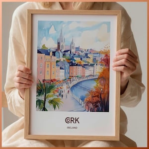 Cork Irland Kunstdruck, Cobh Reiseposter, Minimalistische Stadtansicht, Pastell Illustration, Flussblick Dekor, Retro Wandkunst, C35-352
