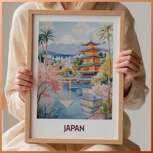 Impresión de Japón, póster de viaje japonés, arte del monte Fuji, arte mural minimalista, decoración urbana en tonos pastel, opciones con y sin marco, C35-538
