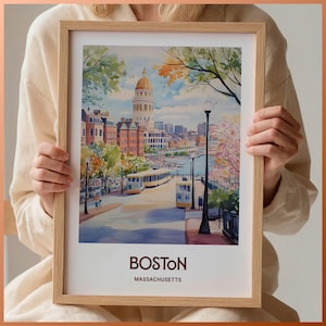 Boston Reise Poster, Massachusetts Skyline Art Print, Minimalistische Wanddekoration, Pastell Stadtbild Dekor, Mid Century Modern Art,, C35-170