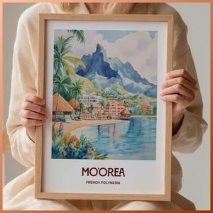 Mo'orea Reise Poster, Französisch-Polynesien Poster, Minimalistische Wandkunst, Pastell Stadtansicht, Einzigartiges Geburtstagsgeschenk, Hochzeitsdeko, C35-443