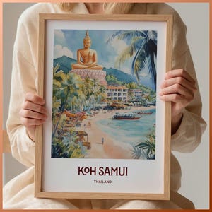 Impresión de Koh Samui, póster de viaje a Tailandia, arte mural minimalista, paisaje urbano retro, decoración del hogar en tonos pastel, arte de viaje vintage, C35-682