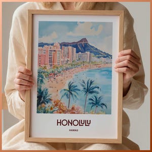Póster de viaje de Honolulu, arte mural de Waikiki, impresión moderna de mediados de siglo, decoración de Oahu, Hawái, arte urbano retro, diseño minimalista, C35-445