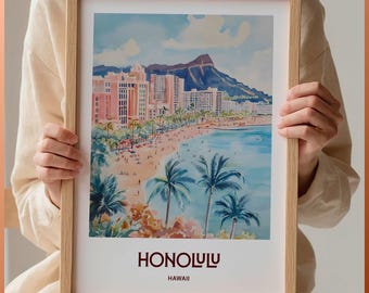 Honolulu Travel Poster Waikiki Wall Art Mid Century Modern Print Oahu Hawaii Decor Retro Cityscape Art Minimalist Design, C35-445