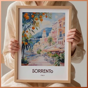 Impresión de la Costa de los Limones de Sorrento, Italia, póster de viaje minimalista, arte mural retro, decoración urbana en tonos pastel, obra de arte de viaje con frutas, C35-623