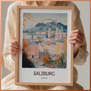 Póster de viaje de Salzburgo, impresión artística de la ciudad austriaca, decoración minimalista de pared, arte de viaje retro, decoración de paisaje urbano en tonos pastel, C35-469