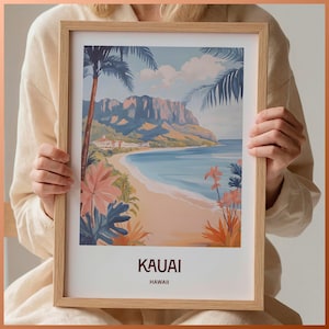 Impresión de viaje a Kauai, arte mural minimalista, decoración de paisaje urbano en tonos pastel, arte hawaiano, regalo para amantes del arte, póster de viaje retro, C35-98