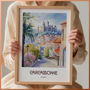 Impresión de viaje de Carcassonne, póster minimalista de paisaje urbano, decoración francesa, regalo para amantes del arte, tapiz pastel, C35-963